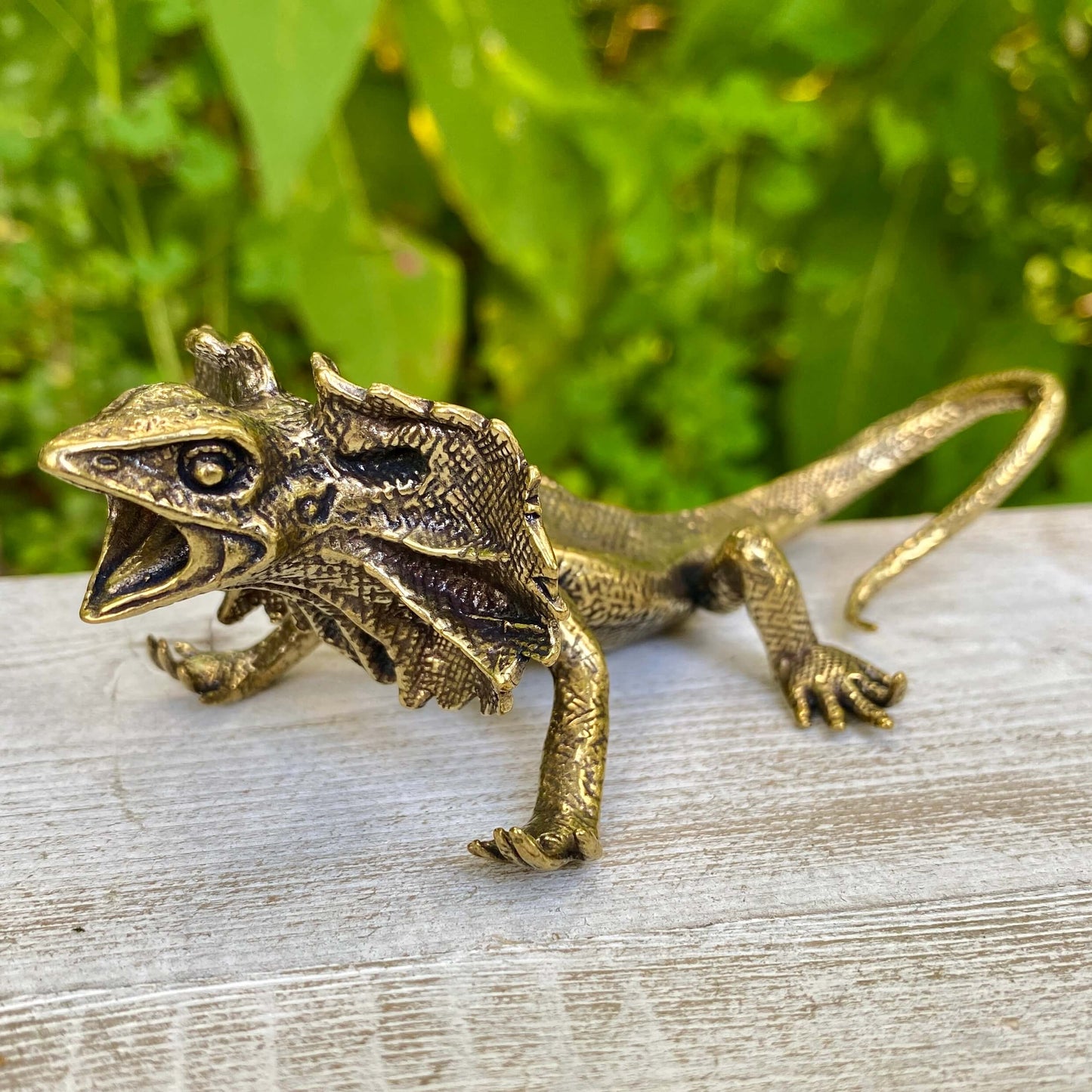 Solid brass veiled lizard sculpture by Wild Brass, symbolizing adaptability and resilience, showcasing intricate details and polished finish.