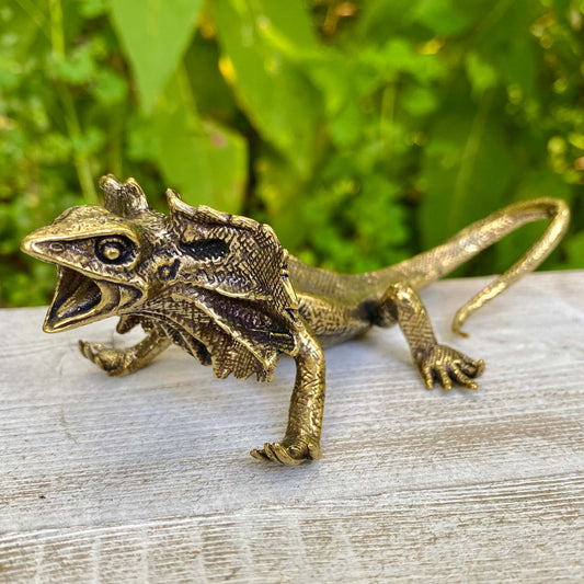 Solid brass veiled lizard sculpture by Wild Brass, symbolizing adaptability and resilience, showcasing intricate details and polished finish.