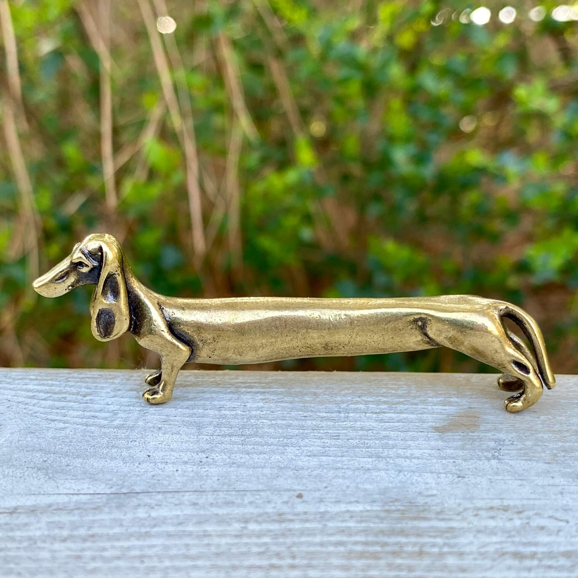 Solid brass Dachshund dog sculpture by Wild Brass, symbolizing courage, loyalty, and tenacity, shown in a detailed close-up image.
