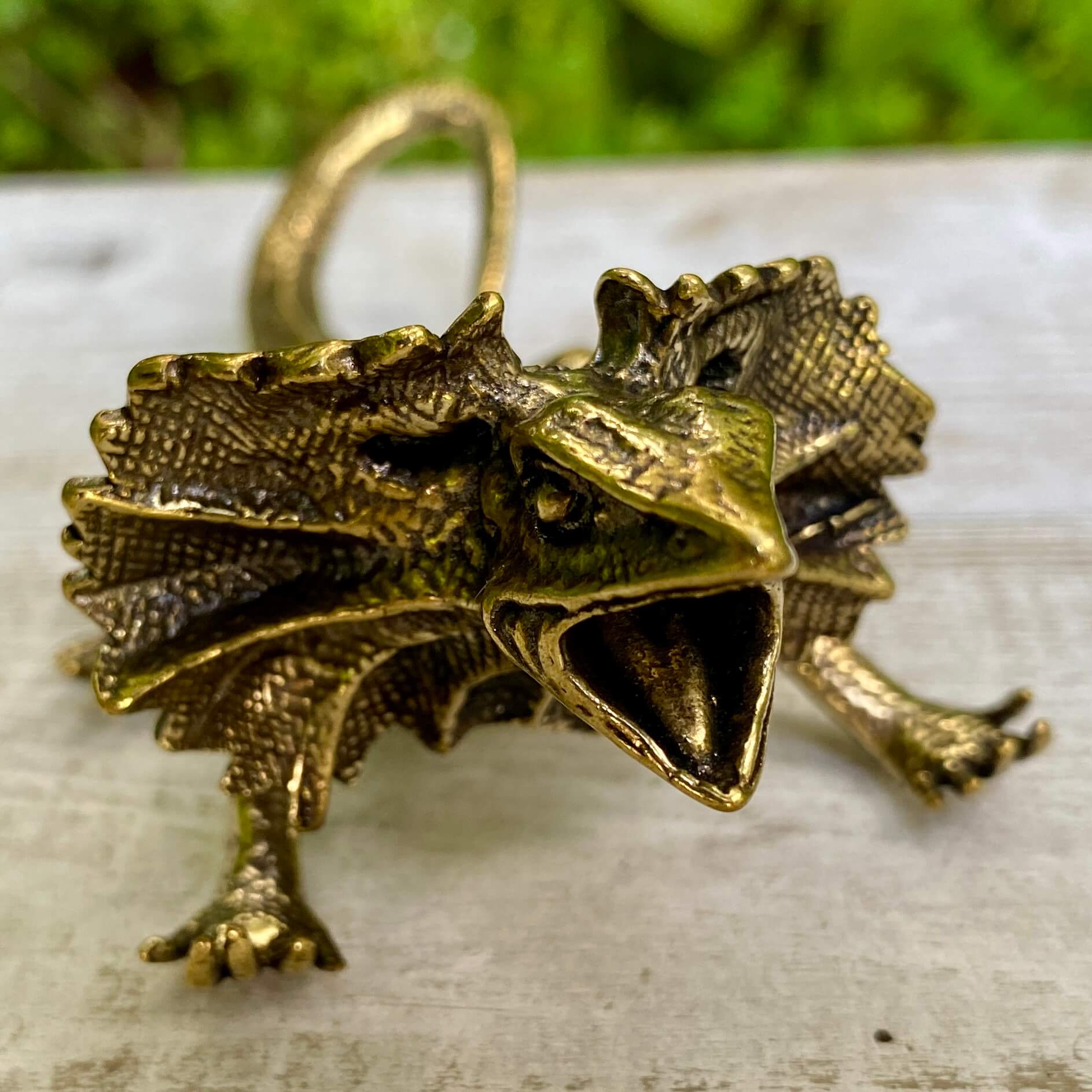 Solid brass veiled lizard sculpture by Wild Brass, symbol of adaptability, resilience, and growth, detailed and handcrafted.