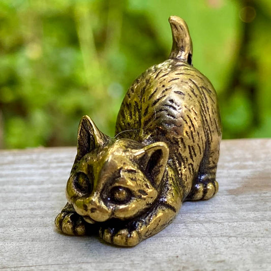 Solid brass cat figurine by Wild Brass, symbolizing independence, mystery, and intuition, with a detailed, polished surface.
