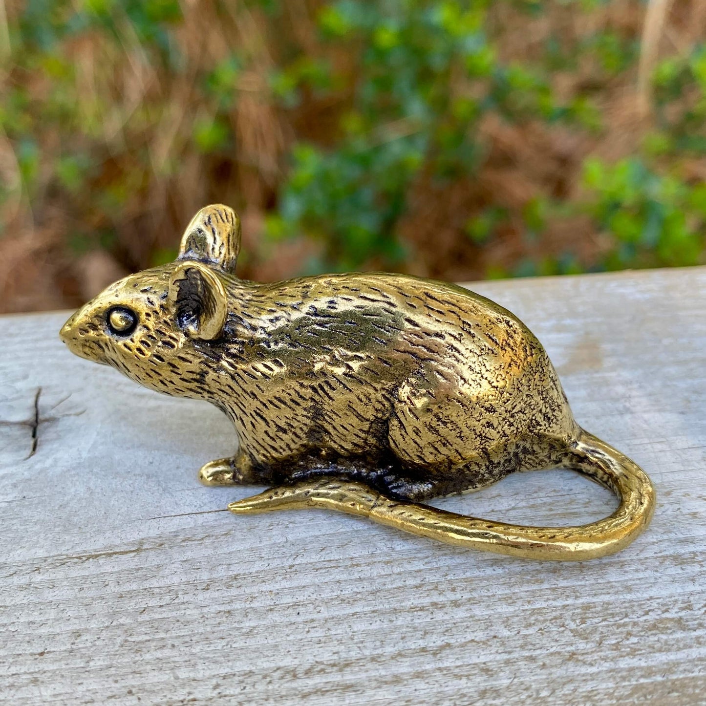 Solid brass rat sculpture by Wild Brass, symbol of intelligence and resourcefulness, featuring a detailed, polished mouse figure.
