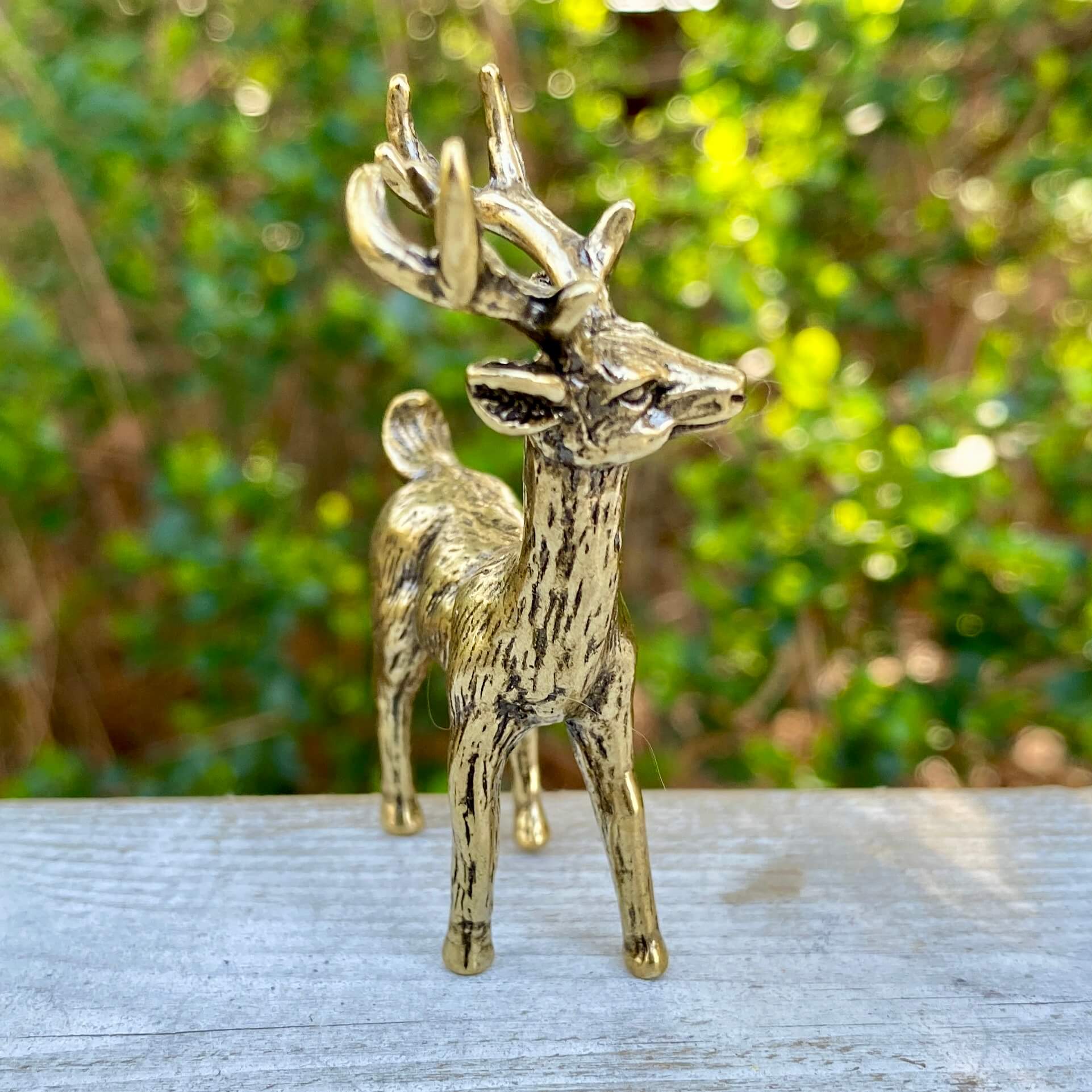 Solid brass stag deer sculpture by Wild Brass, showcasing detailed antlers and a polished finish, symbolizing strength and wisdom.