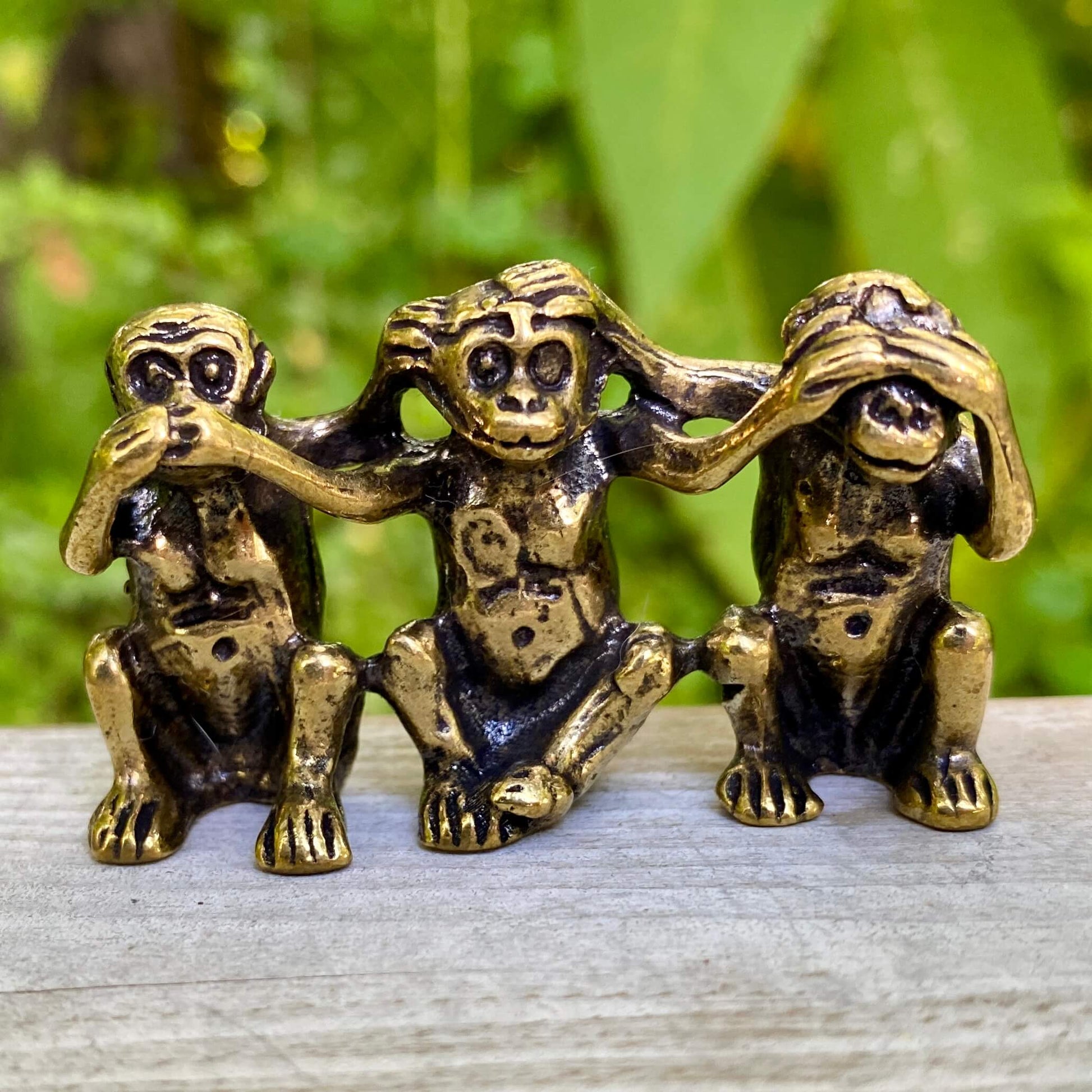 Solid brass See No Evil, Hear No Evil, Speak No Evil monkeys sculpture by Wild Brass, symbol of wisdom and friendship.