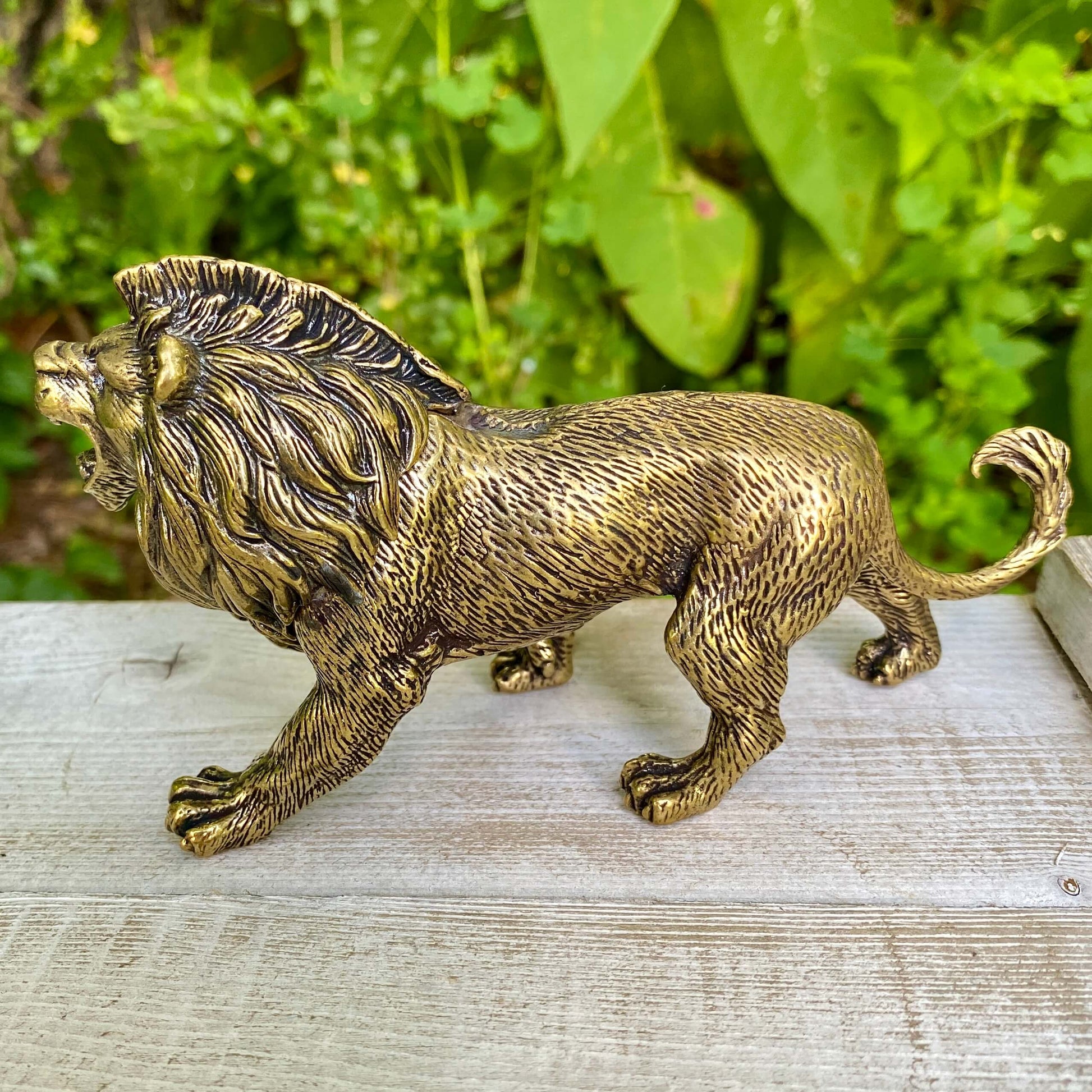 Solid brass lion sculpture by Wild Brass, symbol of courage, leadership, and strength, detailed lion head with a regal expression.