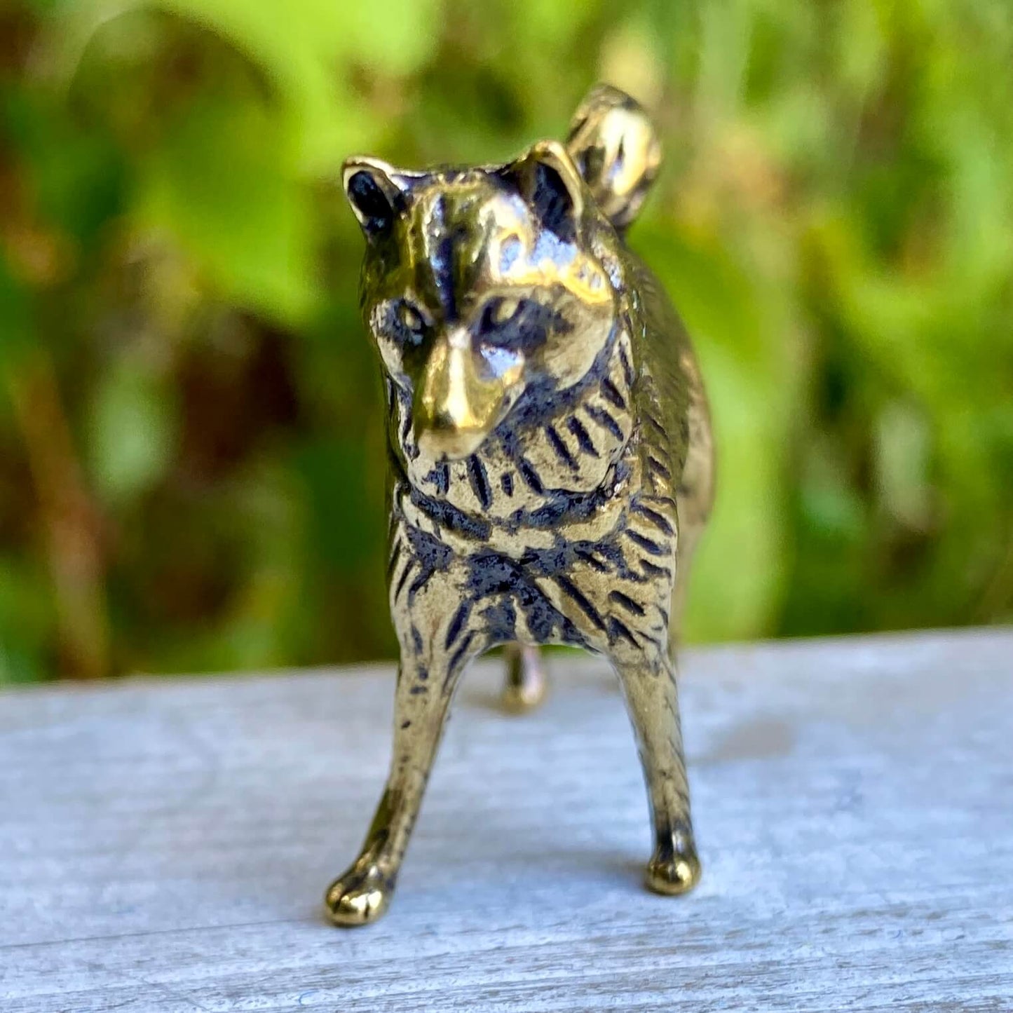 Solid brass Shiba Inu dog figurine by Wild Brass, symbol of loyalty, courage, and independence, shown in detailed close-up image.