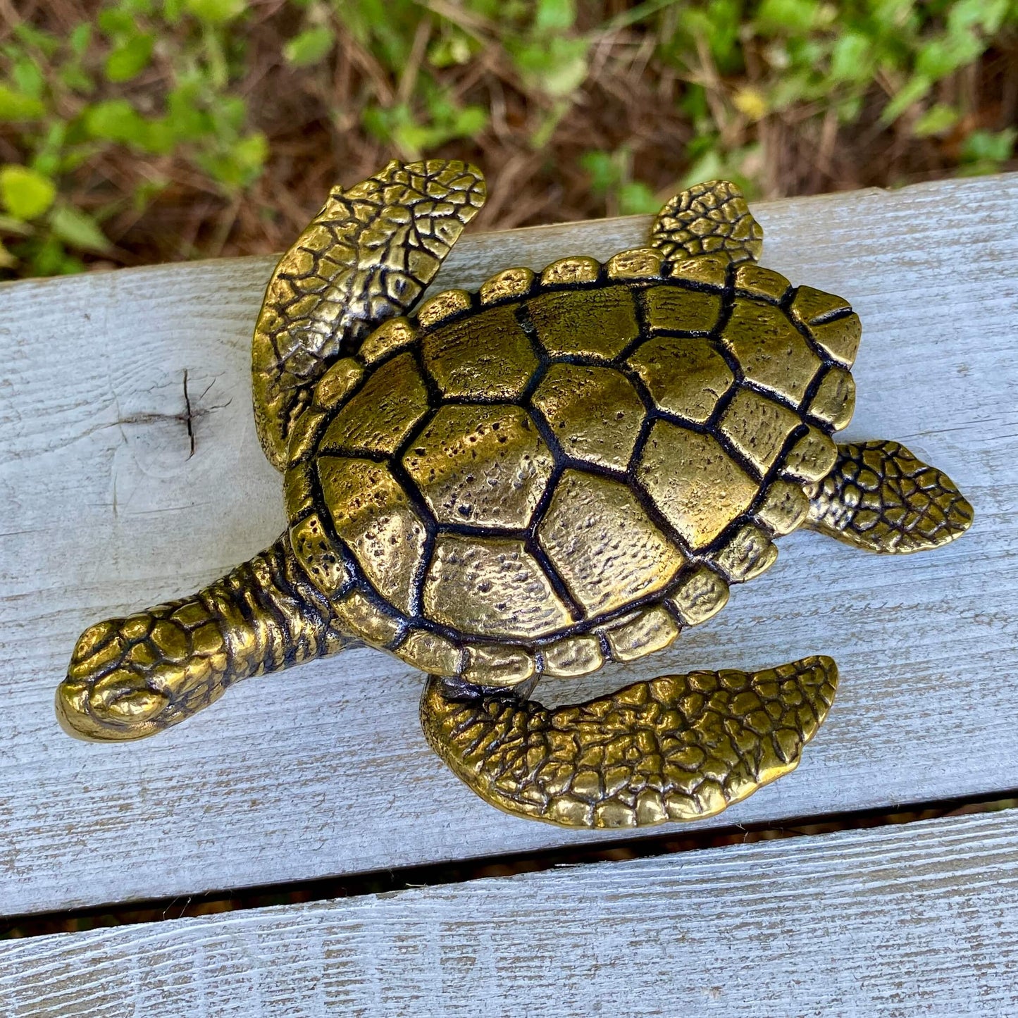 Large solid brass sea turtle sculpture by Wild Brass, symbolizing longevity, wisdom, and endurance with detailed craftsmanship.