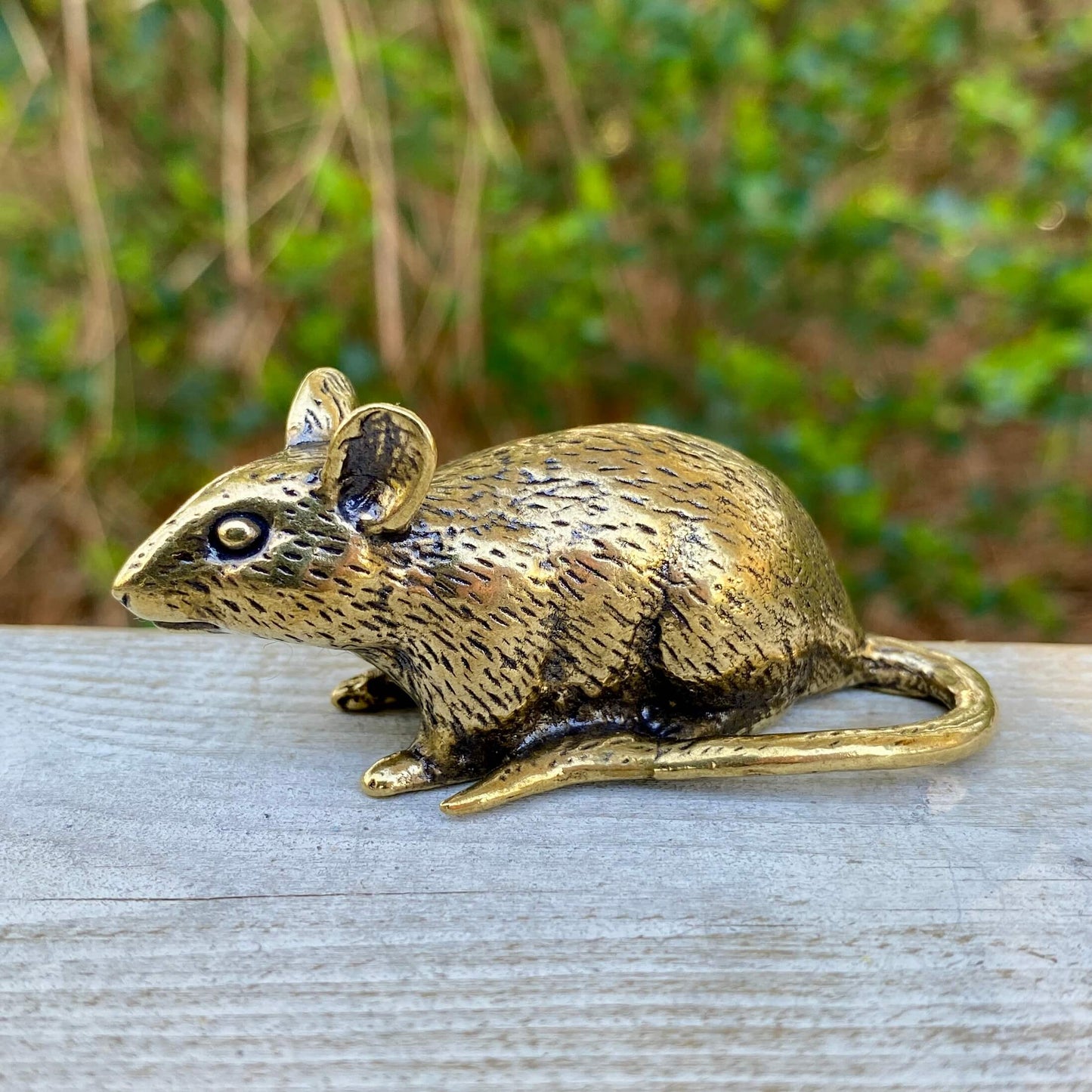 Solid brass rat sculpture by Wild Brass, symbol of intelligence and resourcefulness, detailed and polished mouse figurine.