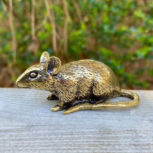 Solid brass rat sculpture by Wild Brass, symbol of intelligence and resourcefulness, detailed and polished mouse figurine.
