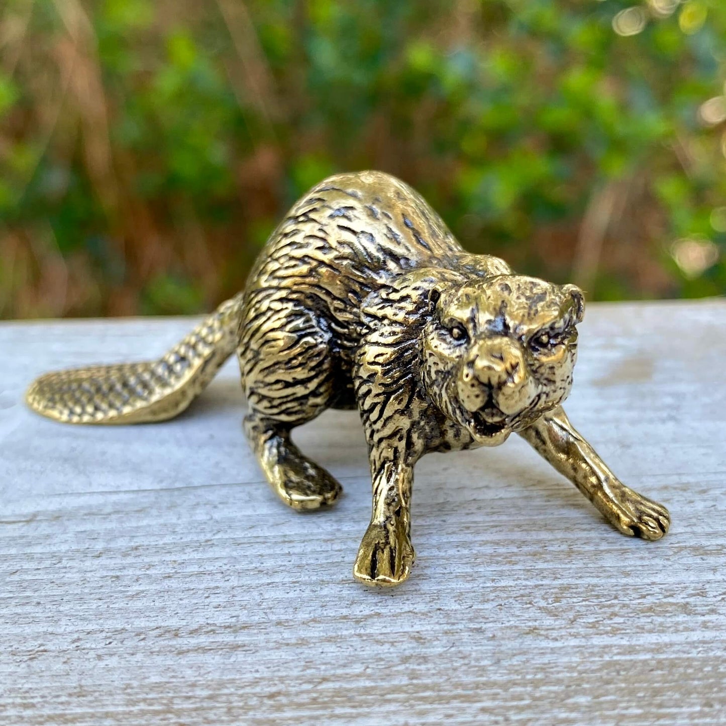 Solid brass beaver figurine by Wild Brass, symbol of creativity, power, and determination, detailed craftsmanship and a smooth finish.