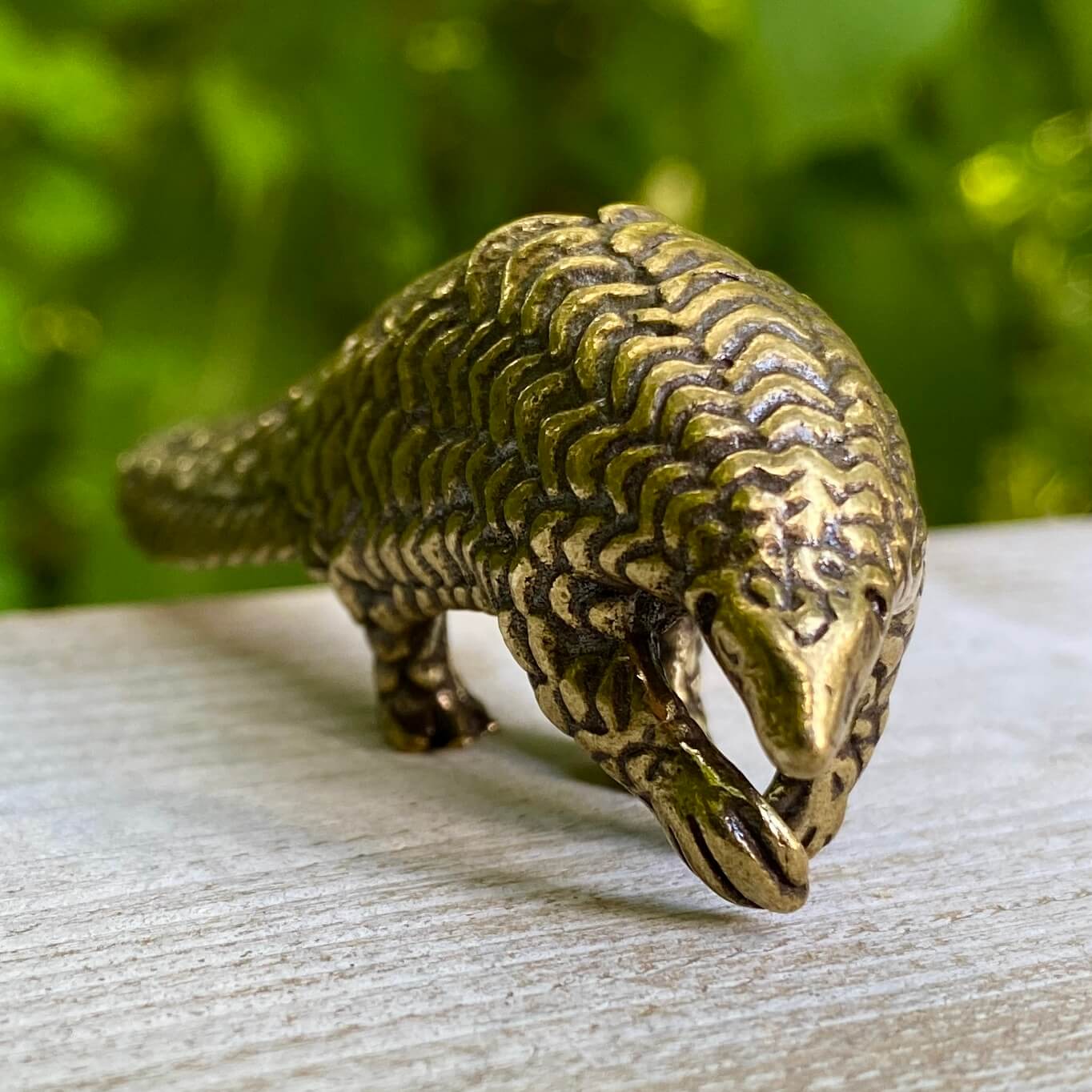 Solid brass pangolin figurine from Wild Brass, symbolizing protection, patience, and transformation, with detailed craftsmanship.