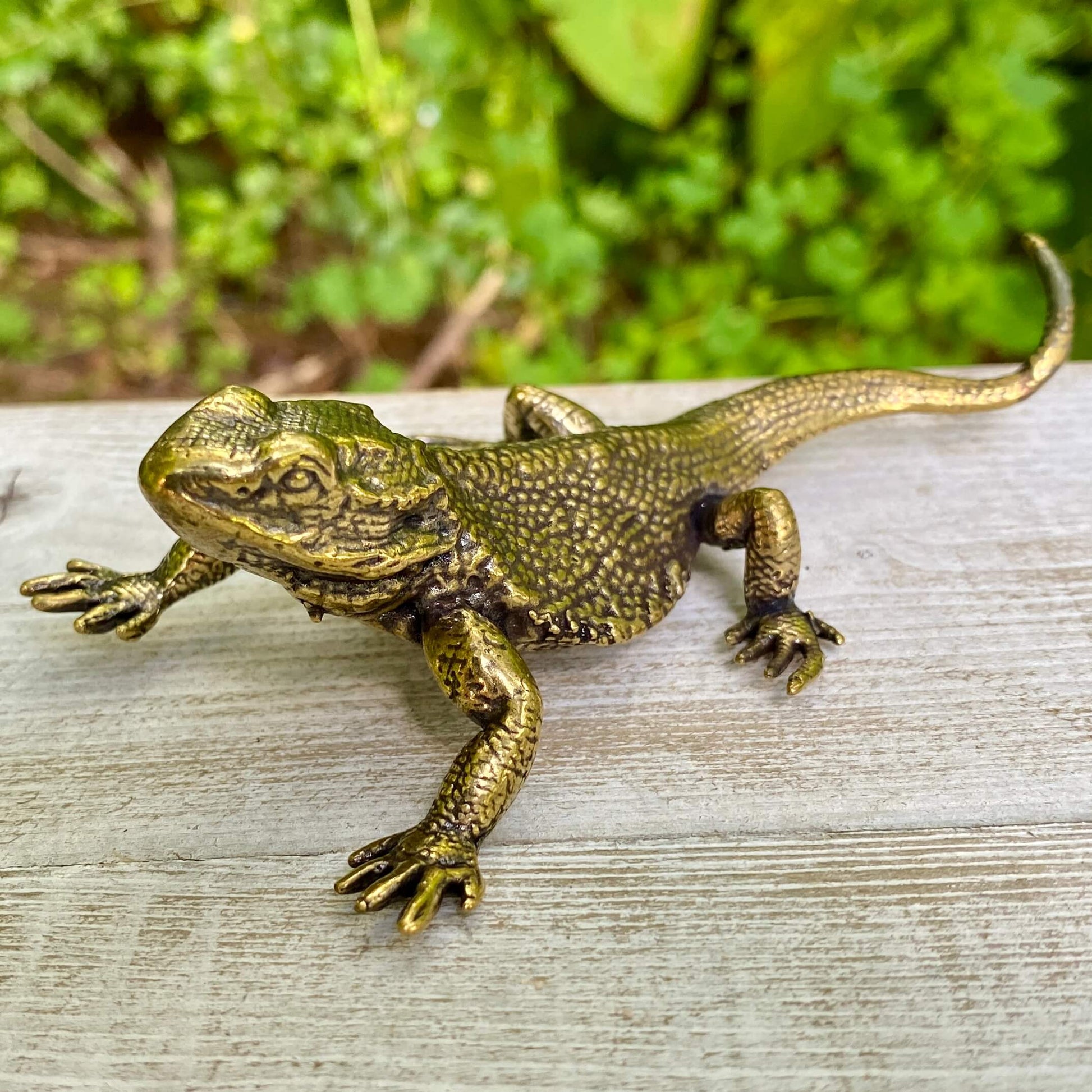 Solid brass lizard sculpture by Wild Brass, symbol of regeneration, adaptability, and survival, showcasing intricate craftsmanship.